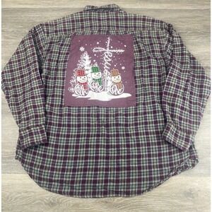 Upcycled Flannel‎ Back Patch Shirt X-Large Unique -Snowmen Faith- Hope - Love